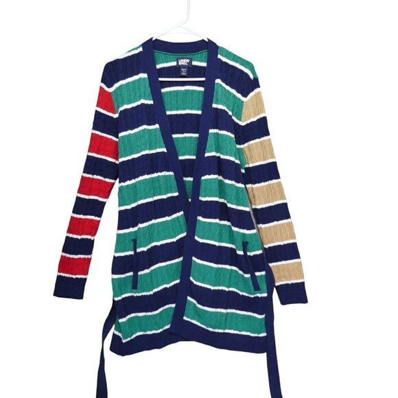 Lands End Cable Knit Tie Front Cardigan Size M‎ Tall 10-12 Stripe Green Red Blue - Picture 6 of 12